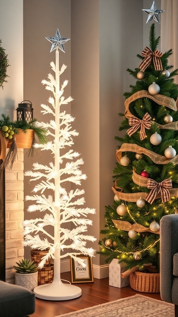 Two pencil Christmas trees: one minimalist white with silver ornaments and lights, and one rustic green with burlap and wooden decorations.
